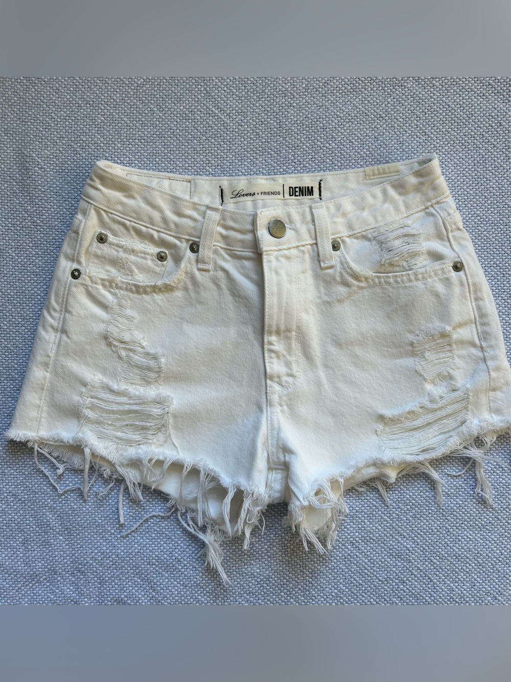 Lovers + Friends White Distressed Denim Shorts Size 25 High Rise Cutoff